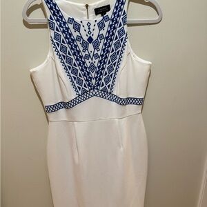 Elegant White Mini Dress with Blue Embroidery